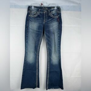 Silver Jeans Eden Flare Raw Hem Embroider Women’s Size 29 W 35 L Med Wash